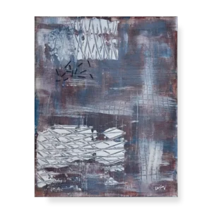 An abstract painting that contains deep purple, dark blue, maroon, and silver shades