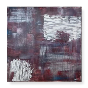 An abstract painting that contains deep purple, dark blue, maroon, and silver shades
