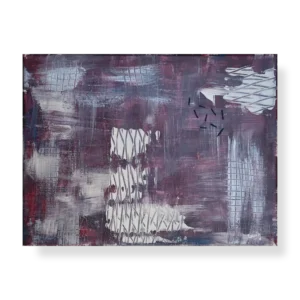 An abstract painting that contains deep purple, dark blue, maroon and silver shades