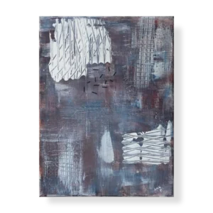 An abstract painting that contains deep purple, dark blue, maroon, and silver shades