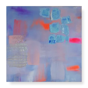 An abstract painting that contains purple, peach blue shades and fluorescent pink and orange strokes