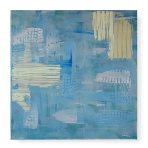 An abstract painting that contains blue shades, aqua green, and light yellow