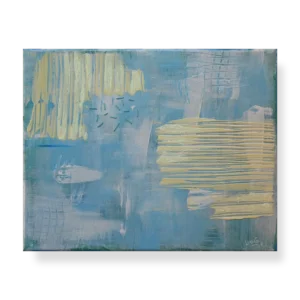 An abstract painting that contains blue shades, aqua green, and light yellow