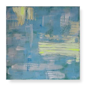 An abstract painting that contains blue shades, aqua green, and light yellow