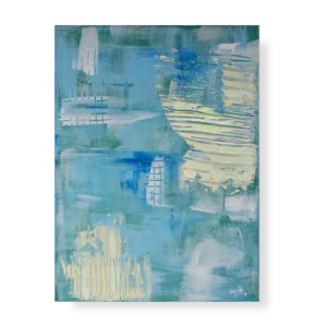 An abstract painting that contains blue shades, aqua green, and light yellow